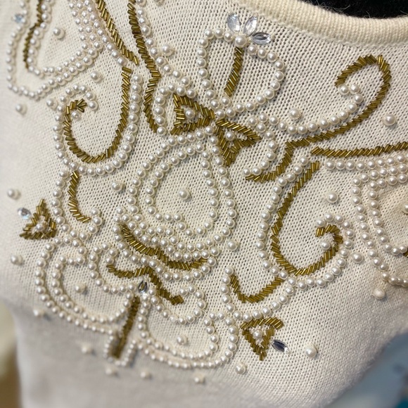 Vintage Darian Cream Sweater Dress w/ Pearls, Rhinestones & Gold Beading - Picture 3 of 4